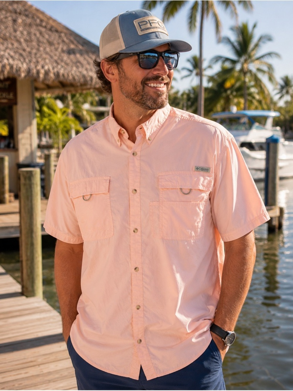 Columbia PFG Mens XL Pink Fishing Shirt Vented Short Sleeve Button Up